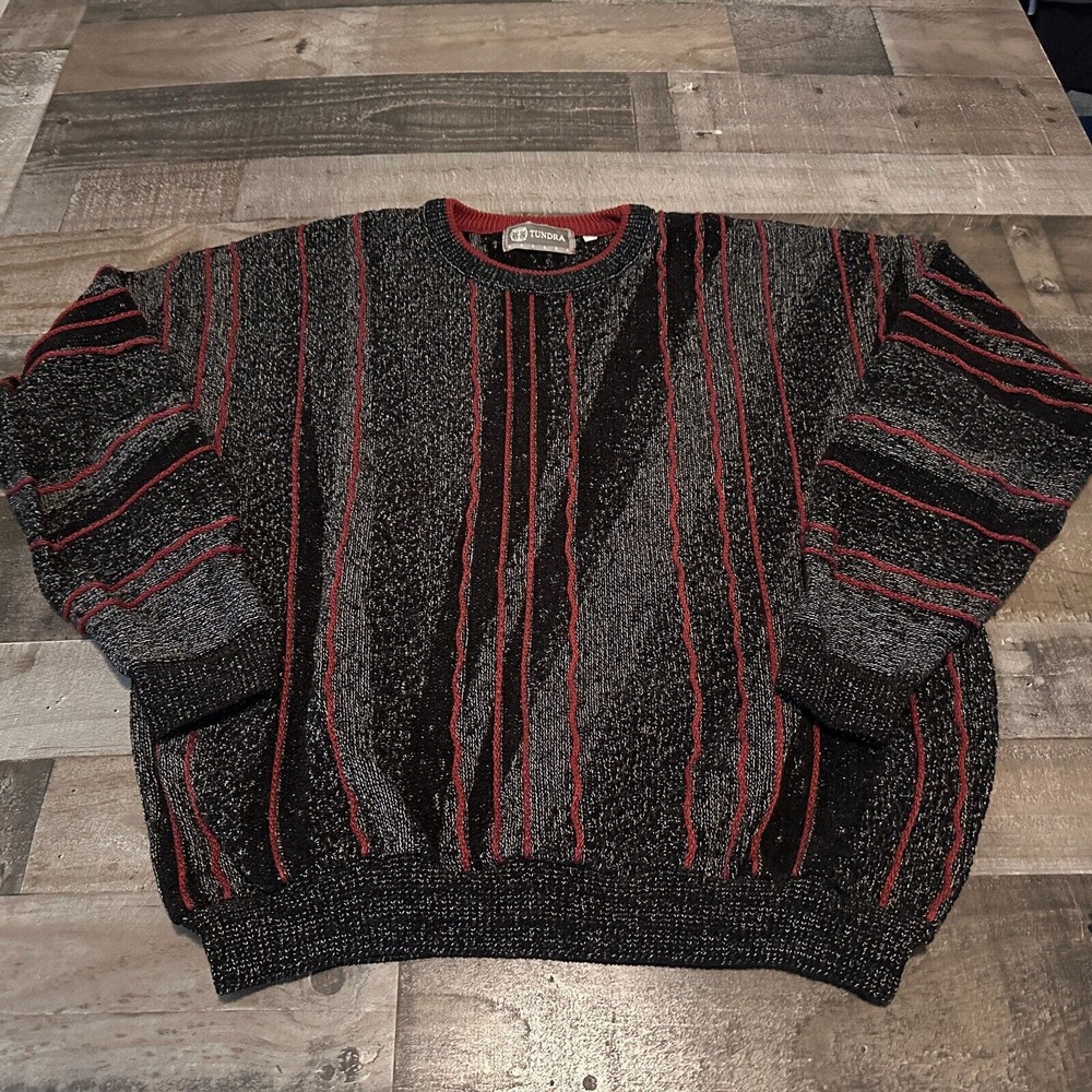 Tundra Vintage 1980s Sweater Large‎ Red Black Gray Cosby Style Pullover